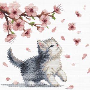Kociak i kwiaty wiśni – wzór do haftu krzyżykowego (ebook pdf + xsd)