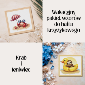 Wakacyjny pakiet wzorów do haftu krzyżykowego, krab i leniwiec (ebook pdf + xsd)